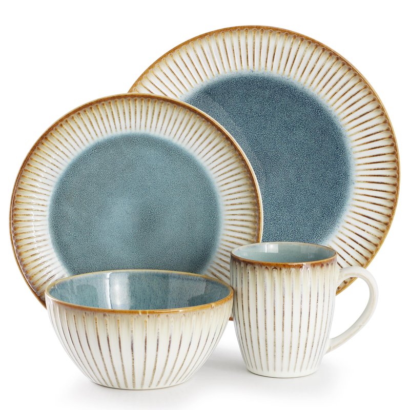 Elama 16 Piece Stonewre Dinnerware/Tableware Set, Service for 4, Textured Design, Color Rim Place Settings (Louann)