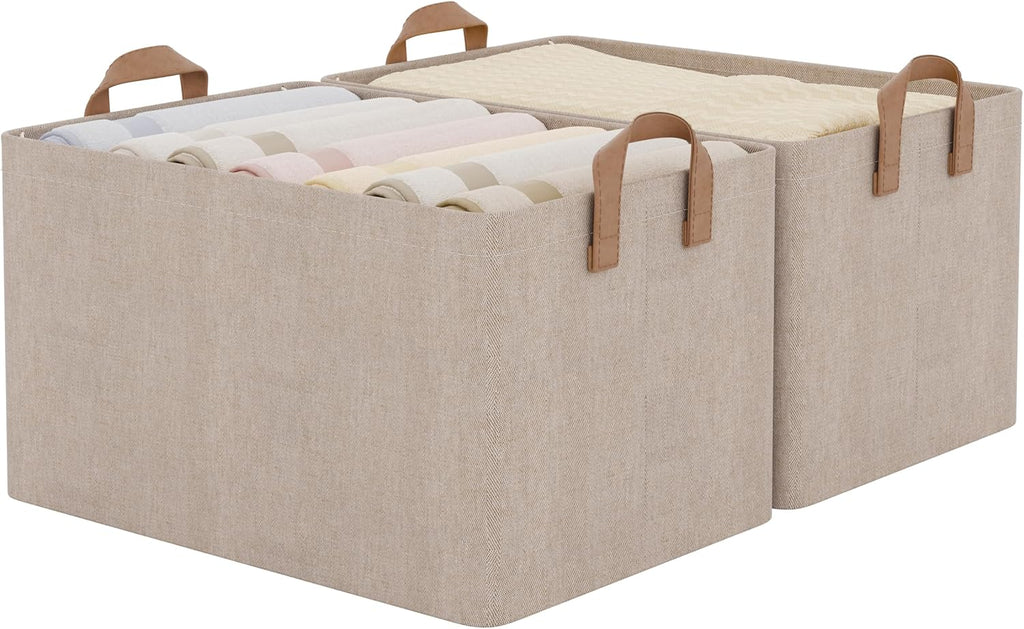 StorageWorks Fabric Storage Bins - Large Closet Baskets with Metal Frame | Brown & Beige, 2-Pack