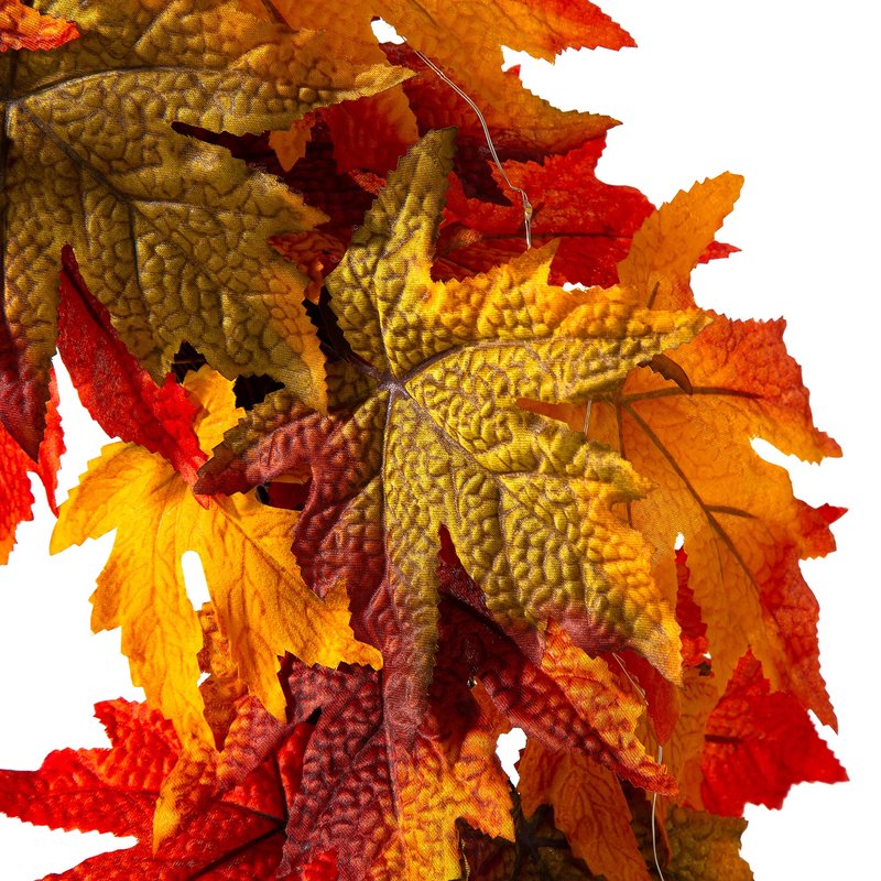 Glitzhome 24 Inch Pre-lit Fall Wreath, Autumn Wreath for Front Door, Lighted Maple Leaves Wreaths with Timer for Thanksgiving Halloween Christmas Wall Front Porch Home Decoration
