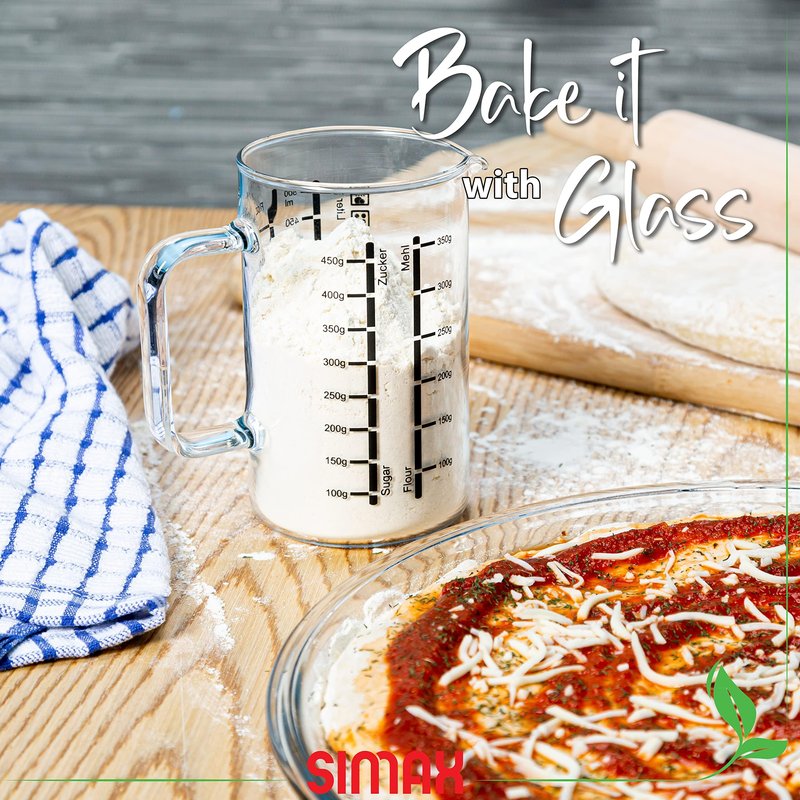 Simax Glass Measuring Cup: 16 Oz Measuring Cups Glass - Liter, Oz and Ml Measuring Cup for Liquid - Borosilicate Glass Metric Measuring Cups in Gram - Measure Flour and Sugar Grams - Easy Pour Spout