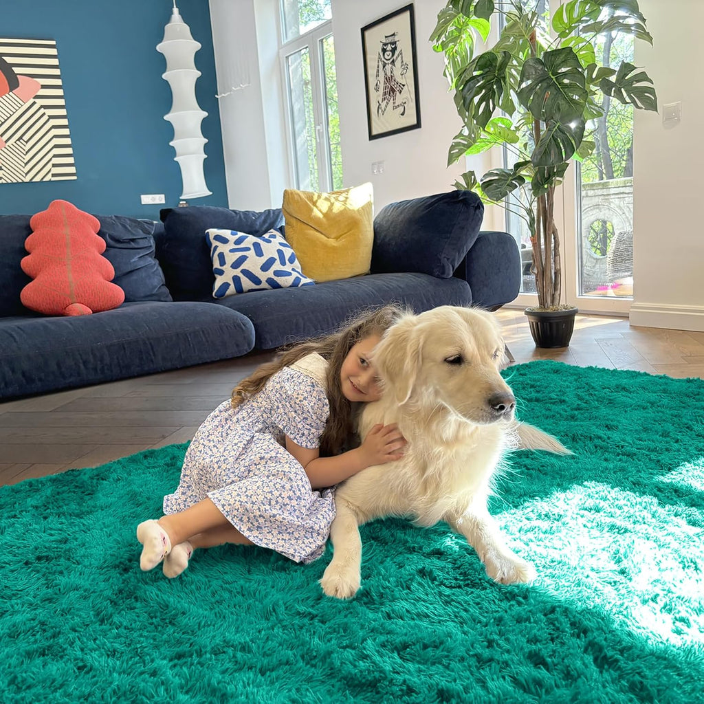 OLANLY 3x5 Soft Fluffy Shaggy Bedside Rug - Machine Washable Indoor Carpet for Kids & Nursery | Teal Green