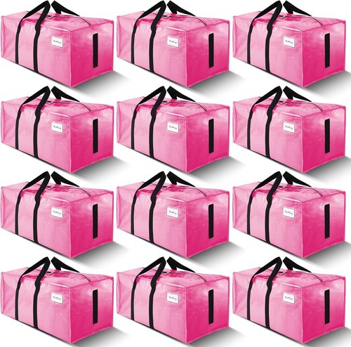 Large Moving Bags by [Brand Name] - Heavy Duty Water-Resistant Storage Totes with Zippers & Handles | 12 Pack (Pink)