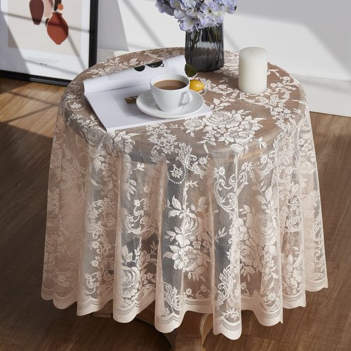 Warm Home Designs 90 Inch Round Tablecloth with English Rose Design. Use as Circle Tablecloth, Rustic Tablecloth or as Elegant Lace Table Cloth. Linen Gold Table Clothes for 6-8 Guests. LTC Linen 90"