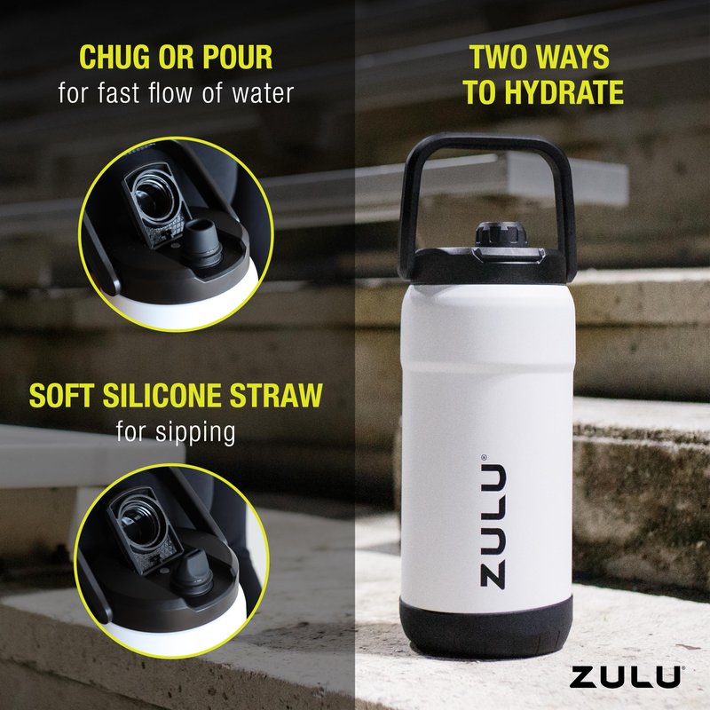 ZULU Goals 101oz Vacuum Triple Wall Insulated | Large Stainless Steel Water Bottle Thermoses with Carry Handle | Chug and Straw Spout | Travel, Gym, Hiking, Camping | 120 Hours Cold | White