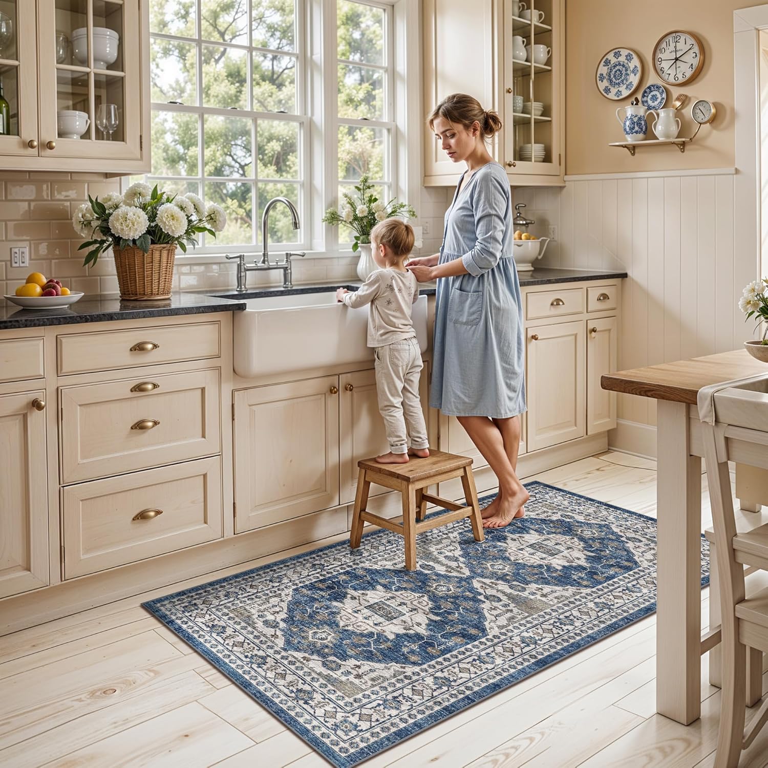 Skiennix Non-Slip Entryway Rug - Washable Stain Resistant Kitchen Doormat | Vintage Blue 2x4 Soft Carpet