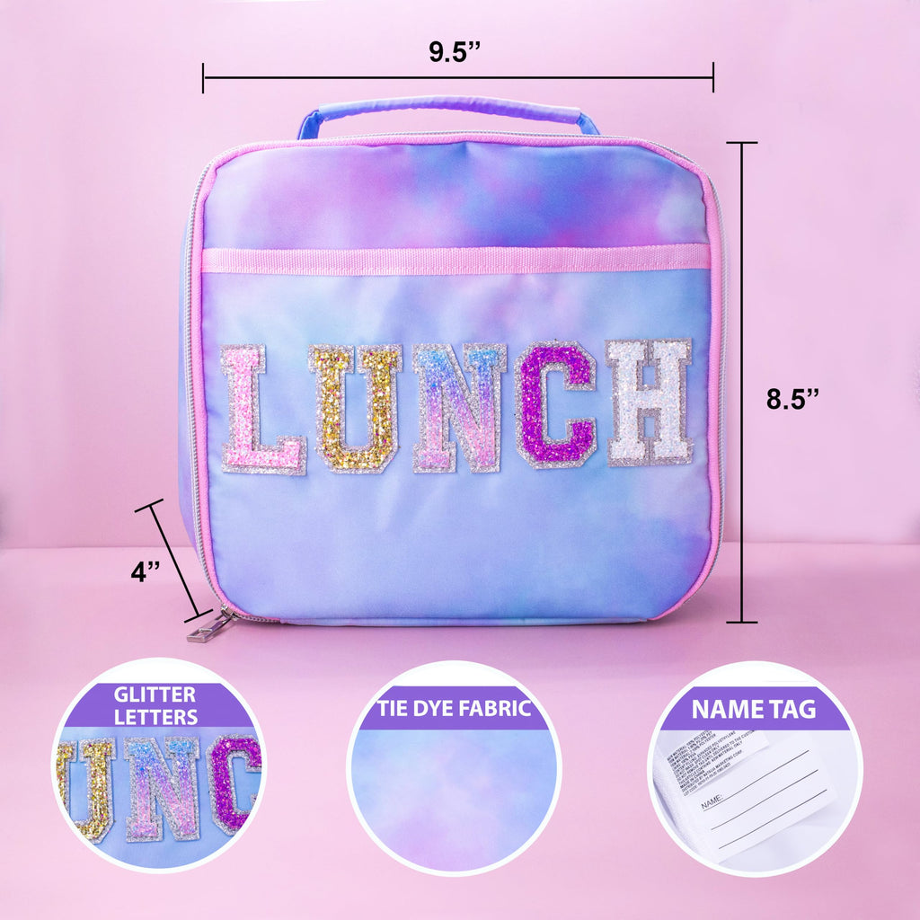 FROG SAC Kids Lunch Bag for Girls, Reusable Insulated Preppy Tie Dye Glitter Varsity Letter Patch Lunch Box for Kids, Cute Soft Back to School Tween Lunchbox, Christmas Girl Stocking Stuffers