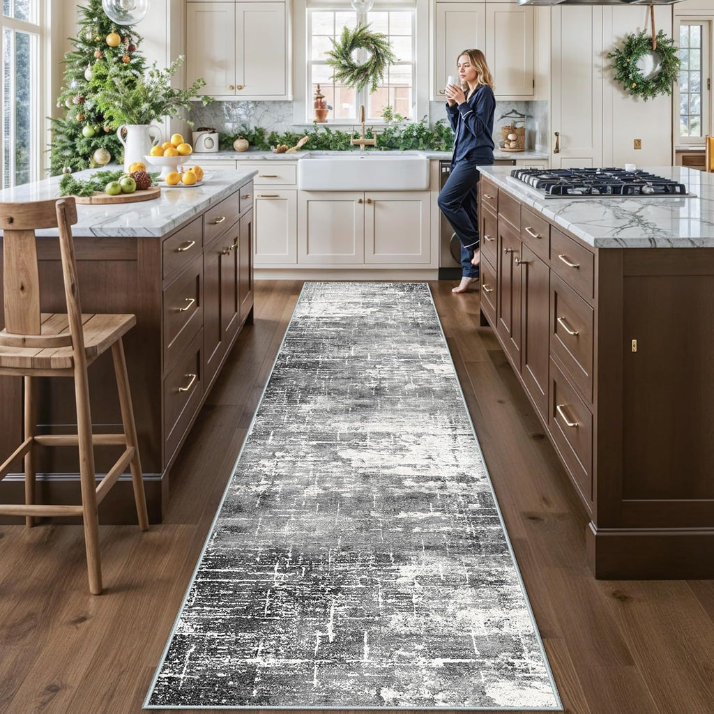 Skiennix 12ft Abstract Kitchen Area Rug - Soft Non-Slip Runner for Living Room & Bathroom | Stain Resistant (2'6"x12', Black/Grey)