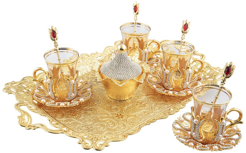 DEMMEX Turkish Tea Glasses Set, Crsytal and Pearl Decorated, Metal Glass Holders, Saucers, Sugar Bowl with Lid & Serving Tray for 4 Ppl, Handmade, 3.3 Oz (Crystal)