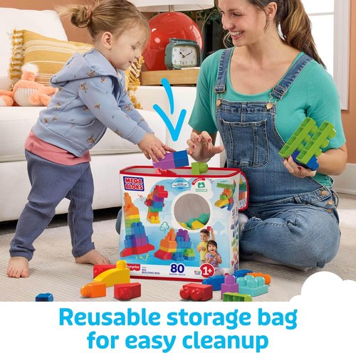 Mega Bloks First Builders Toddler Blocks Set - 80-Piece Building Bag with Storage - Blue, Ages 1+