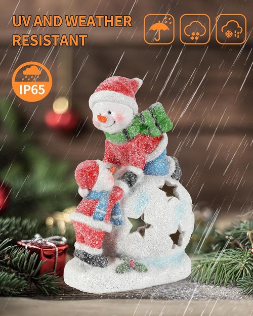 iStatue Snowman & Child Christmas Ornament - LED Light Resin Figurine | Unique Holiday Home Decor