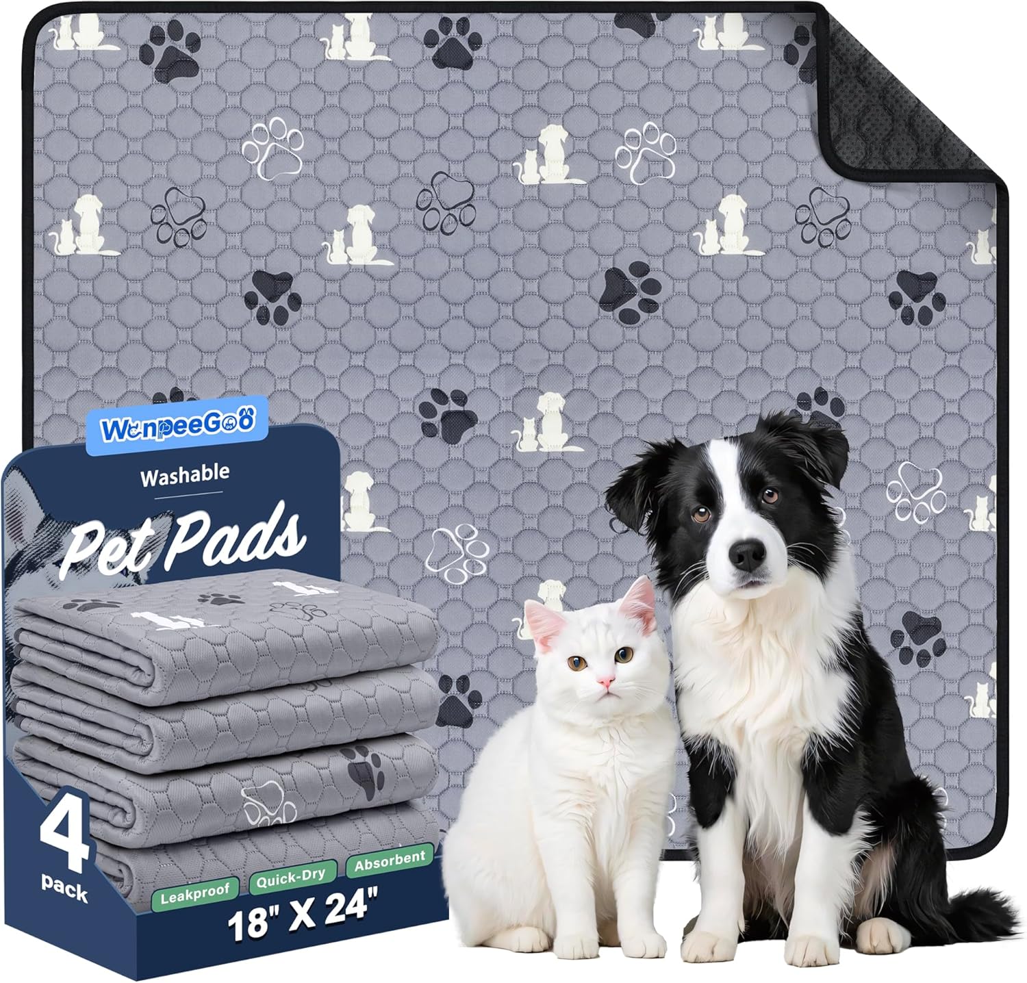 WanpeeGoo Washable Dog Pee Pads - Absorbent Reusable Training Pads, Non-Slip, Grey 18"x24" | 4 Pack