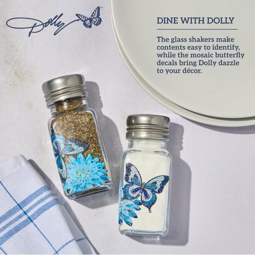 Dolly Parton Glass Salt and Pepper Shakers with Mosaic Flowers and Butterfly Design, Easy to Fill, Set of 2, 3 Ounce