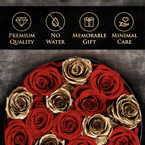 LUX BLOSSOM BOUTIQUE 17 Forever Roses in a Box - Luxury Red & Gold Roses, Gold Roses, Preserved Roses Gifts for Women, Forever Flowers Gifts for Wife, Roses for Delivery Prime (Gold Box)