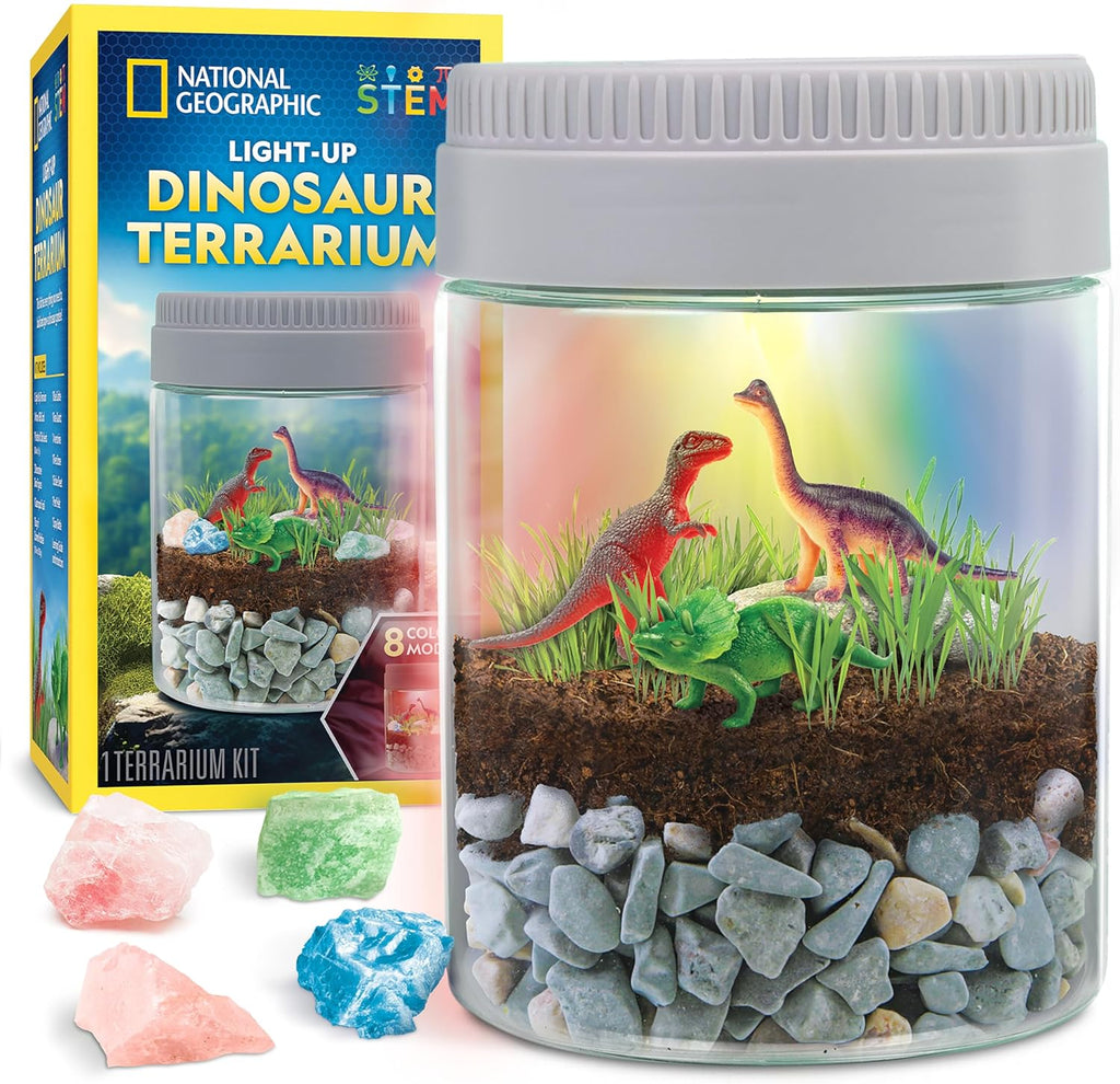 National Geographic Dinosaur Terrarium Kit - Light-Up Dino Habitat with Real Plants & Science Fun for Kids