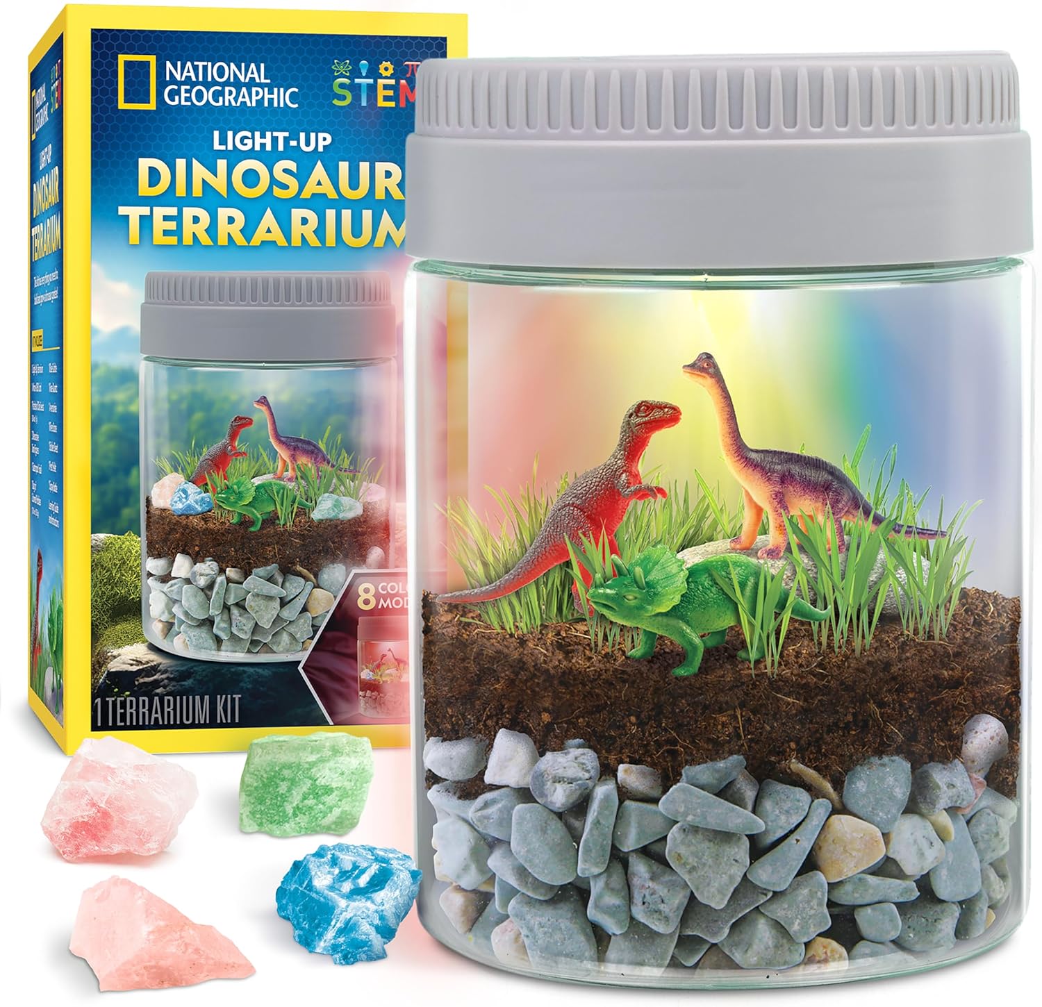 National Geographic Dinosaur Terrarium Kit - Light-Up Dino Habitat with Real Plants & Science Fun for Kids