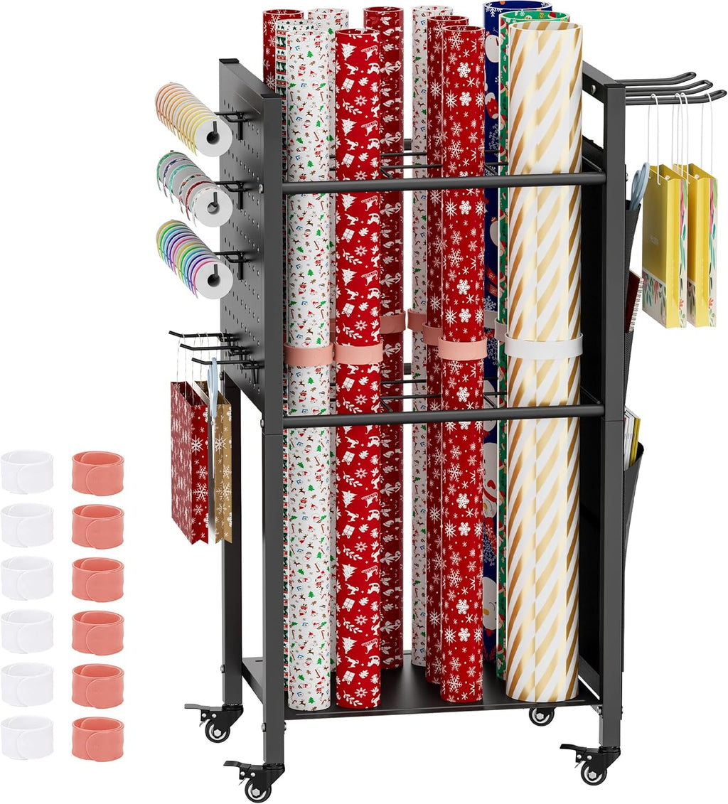Skiennix Wrapping Paper Storage Organizer - Rolling Gift Wrap Station with Wheels & 12PCS Slap Bands | Black