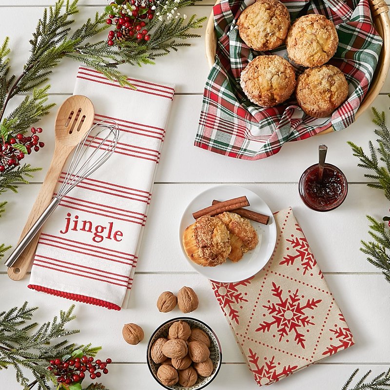 DII Nordic Christmas Collection Plaid & Stripes, Holiday Dish Towels, Kitchen Towel Set, 18x28, Jingle Stripe, Green Plaid, Red Snowflakes, 3 Count