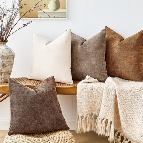 GriNeed Pack of 4 Throw Pillow Covers 18x18 Inch Chenille Textured Neutral Brown Soft Pillow Covers Solid Decorative Farmhouse Cushion Covers Home Boho Western Decor for Couch Sofa Bed Living Room