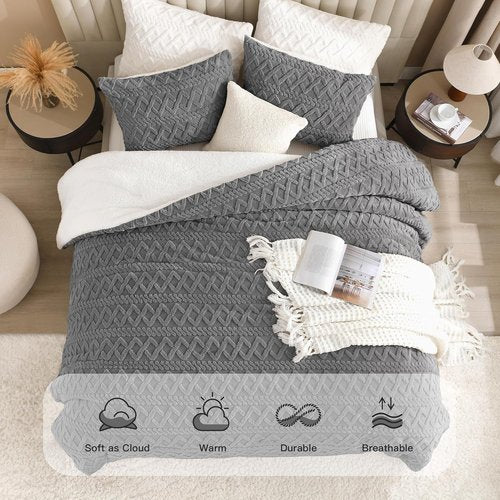 Andency Fluffy Sherpa Queen Comforter Set - Super Soft Gray Fleece Bedding for Winter | 3-Piece Luxury Boho Design