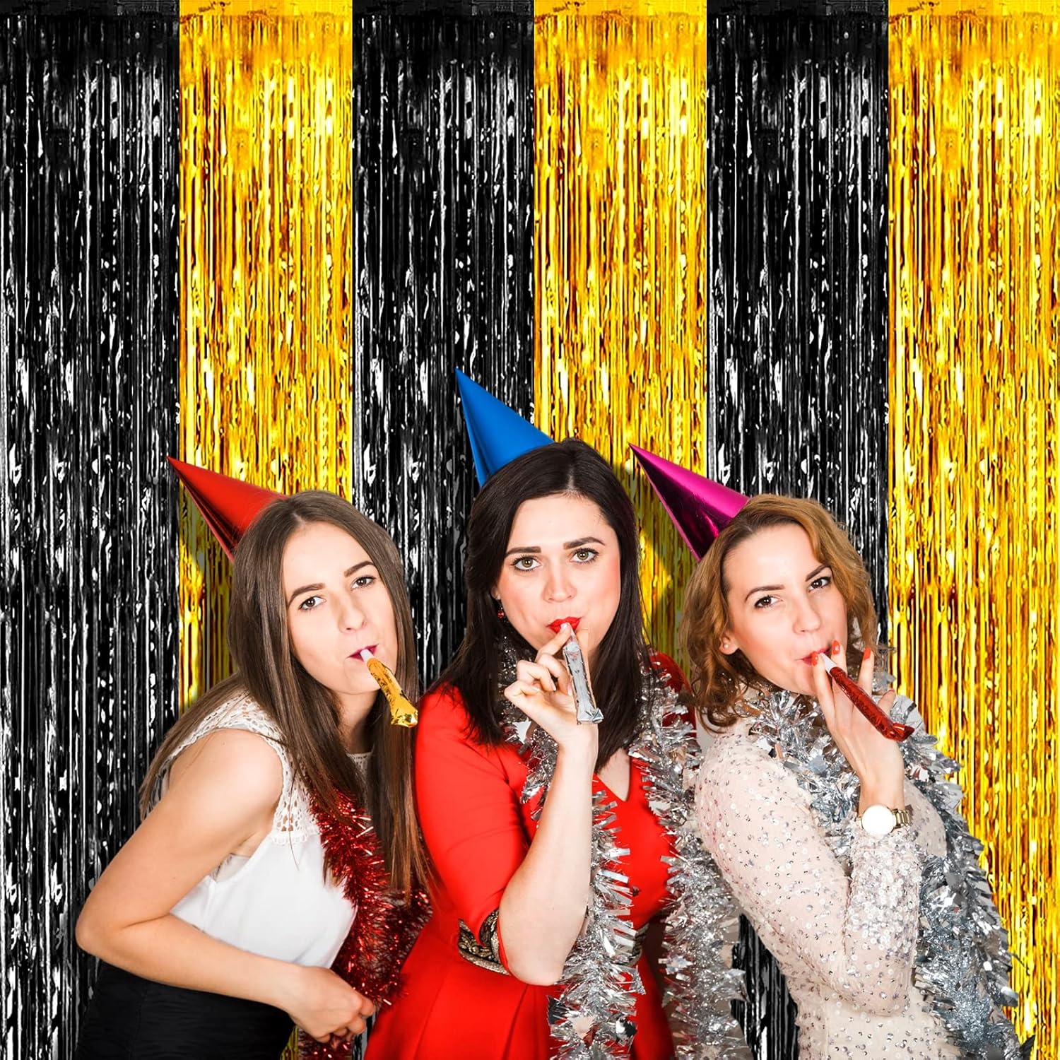 Skiennix Black Gold Foil Fringe Curtain Backdrop - 4 Pack Metallic Tinsel Streamers for Parties & Events