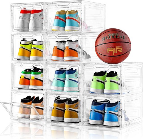 Clear Plastic Shoe Boxes - 10 Pack Stackable Storage Organizers with Lids | Fits Up to US Size 13