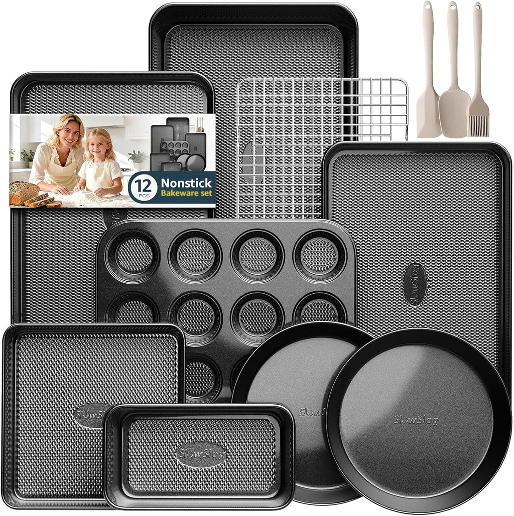 Skiennix 12-Piece Nonstick Bakeware Set - Stackable, Non-Toxic Pans with Rack & Utensils | Black