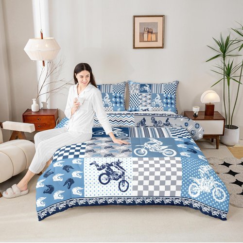 Castle Fairy Dirt Bike Comforter Set,Motocross Racer Bedding Set for Kids Girls Women,Adults Blue and Gray Grid Comforter,Stripes Square Quilted Duvet Set Bedroom Collection Twin Size 2Pcs