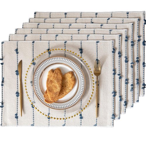 Boho Placemats Set of 6 for Dining Table Decor, Woven Cloth Place Mats for Farmhouse Rustic Kitche Home Decor, Cotton Placemats 13 x 19 Inch, Blue and Beige Table mats