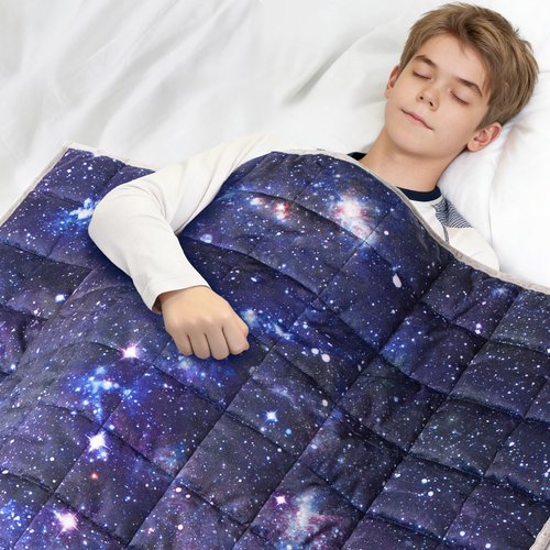 Solfres 10lbs Weighted Blanket, 41 x 60 Inches, Printing Heavy Blanket 10 Pounds for Children and Teens Ultra Soft and Cozy, Stars, Sensory Items, Universe Galaxy