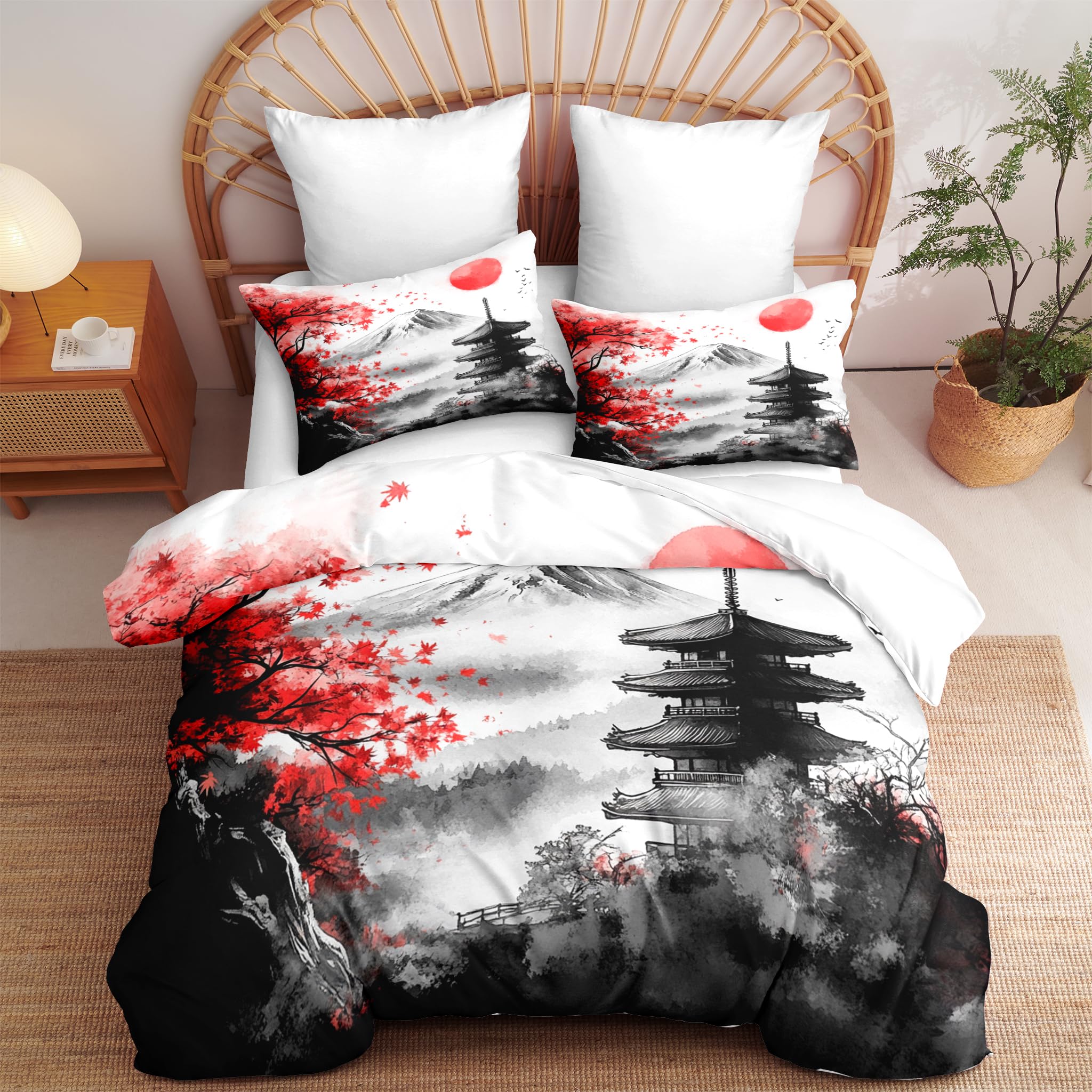 Ccoutuechen Classical Architecture Art Painting Comforter Set Queen, 3pcs Japanese Style Botanical Soft Bedding Set for Women Girl, Lightweight Down Alternative Comforter with 2 Pillowcases(90" X 90")