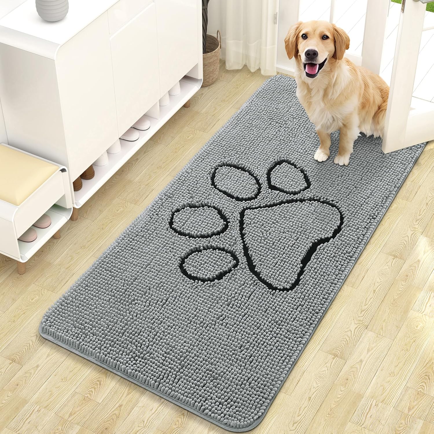OLANLY Dog Door Mat - Absorbent Non-Slip Mud Mat for Muddy Paws | 47x24 Inches, Grey Paw Print Design