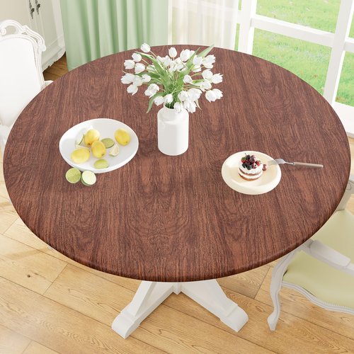 misaya Round Fitted Tablecloth with Elastic Edge, 100% Waterproof Oil Proof Plastic Table Cover, Vinyl Flannel Backed Tablecloth Fits 57"-66" Round Tables for Dinner, Outdoor, Picnic, Oak Wooden Grain