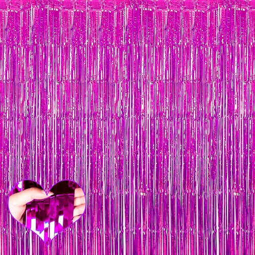 Fuchsia Fringe Curtain Backdrop by [Brand Name] - 4 Pack Metallic Tinsel Foil Streamers | 3.2Ft x 6.6Ft for Parties & Events