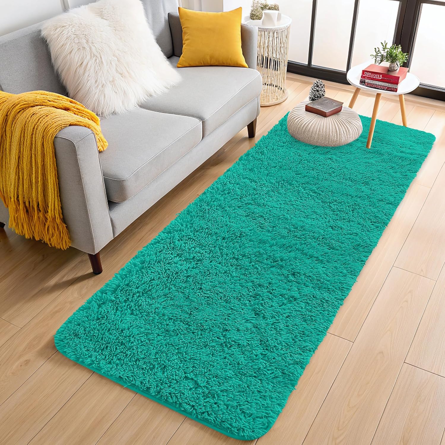 OLANLY 2x6 Soft Fluffy Machine Washable Runner Rug - Teal Green Shaggy Carpet for Bedroom & Hallway