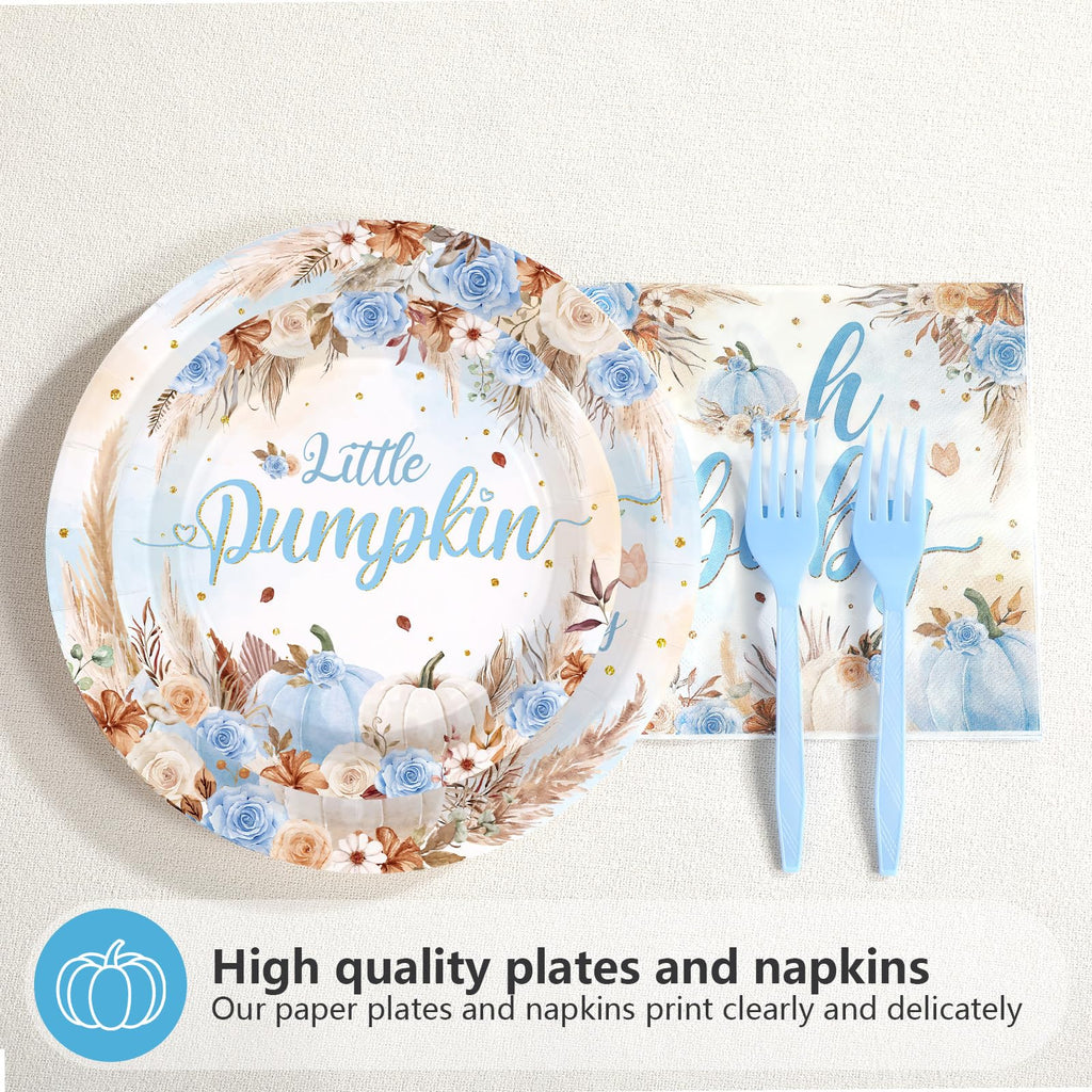 200Pcs Fall Little Pumpkin Baby Shower Decorations Blue Pumpkin Plates and Napkins A Little Pumpkin is on The Way Boho Floral Tableware Set for Boy Baby Shower Fall Thanksgiving Party Supplies Serve50