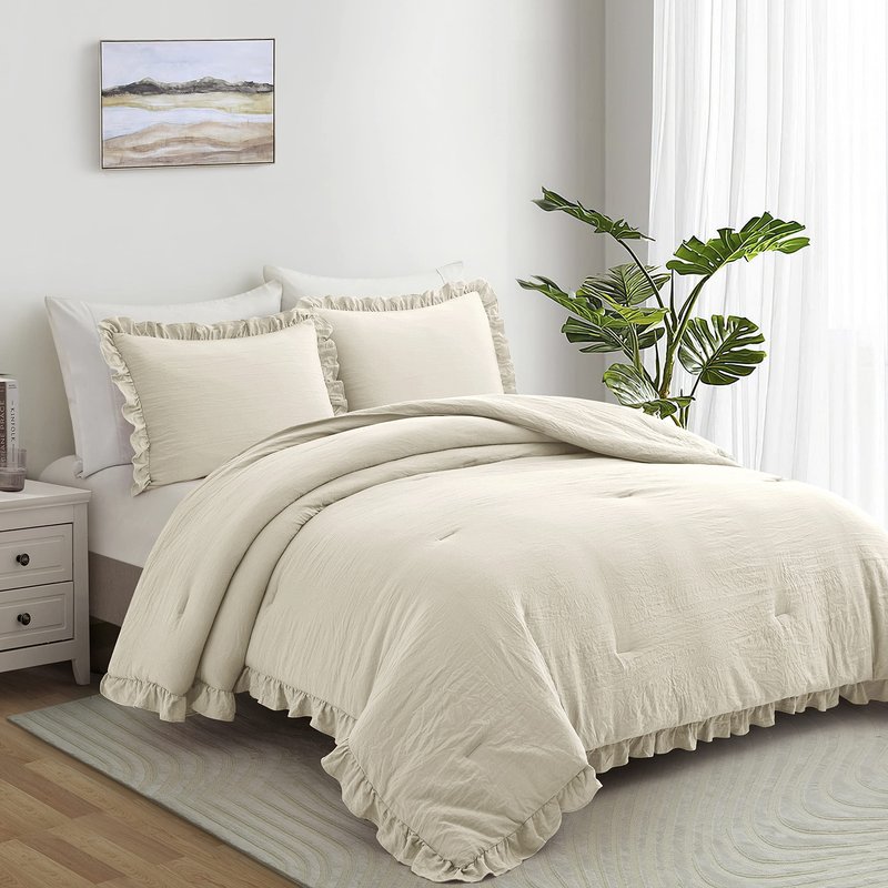 Bonlino Bedding Comforter Set Queen - 3 Pieces Farmhouse Comforter Ruffle Boho Bed Comforter, Fluffy Soft Lightweight Bedding Chic Rustic Country Style for Home Bedroom Dorm (Queen, Wheat)
