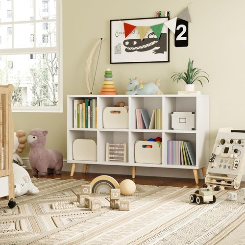 Flrrtenv 8-Cube Bookshelf - Modern 2-Tier Wood Storage Organizer | 47" Freestanding White Bookcase