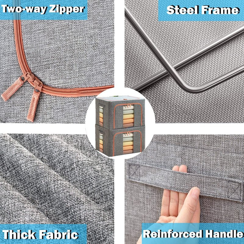 100L Large Storage Bags,Stackable Clothes Storage Bins with Hold Shape Metal Frame,Foldable Closet Organizer Containers with Zipper,Clear Window,Thick Fabric for Seasonal Clothing (Gray, 4 Pack)
