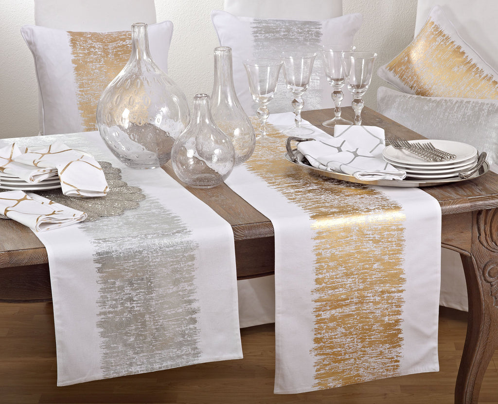 SARO LIFESTYLE Agatha Collection Metallic Banded Design Cotton Table Runner, 16" x 120", Silver