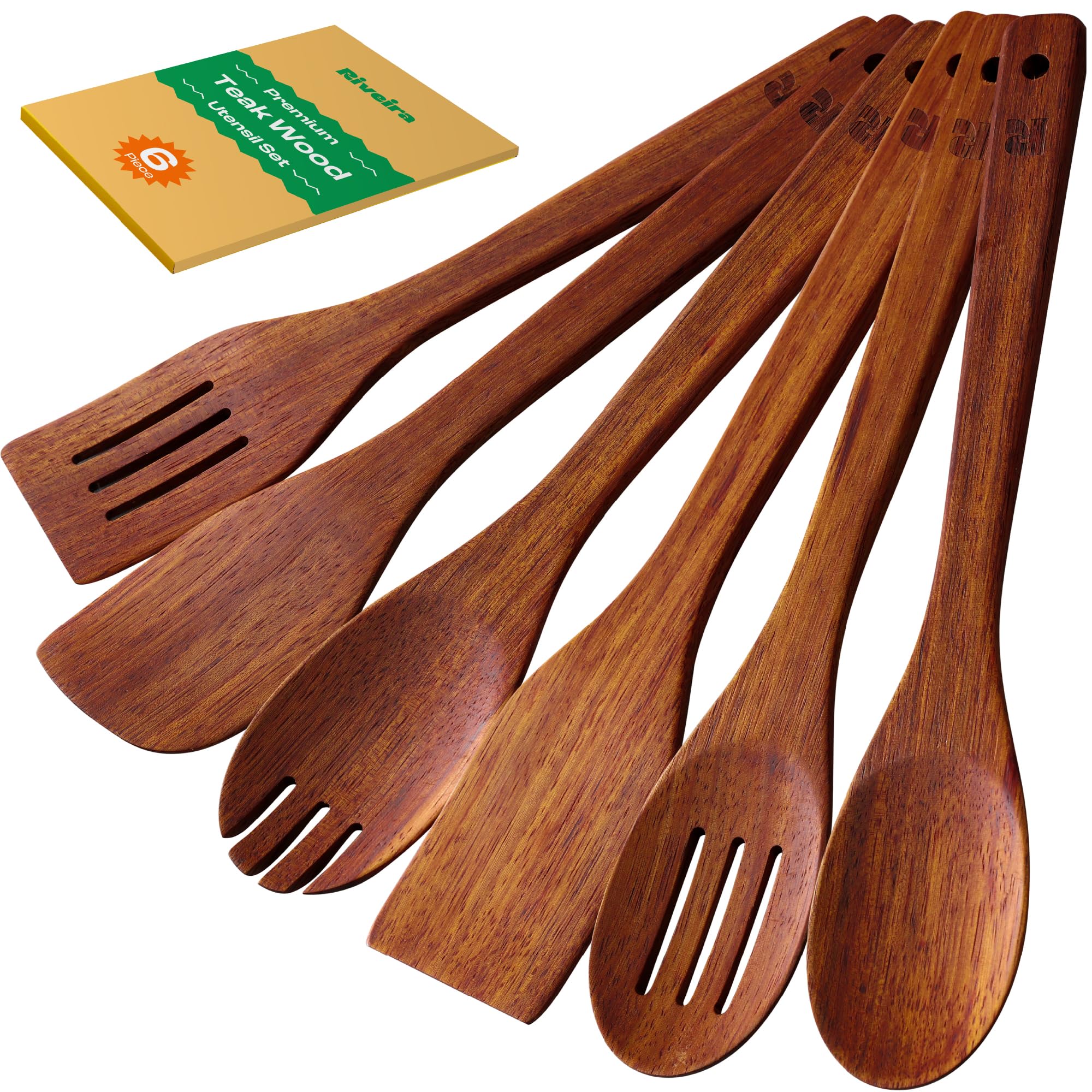 Riveira Teak Wooden Spoons for Cooking Set of 6 – Natural Teak Wooden Cooking Utensils, Wooden Spatula, Wooden Spoon - Premium Quality Utensil Set for Non-Toxic Cooking