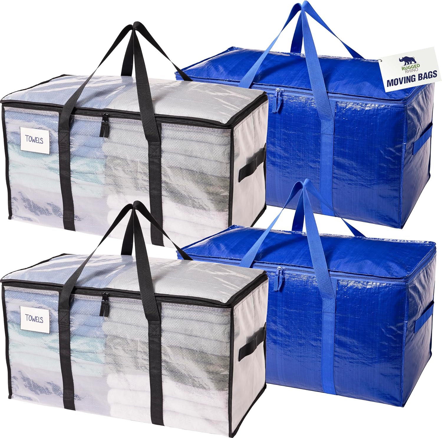 RUGGED RHINO Heavy Duty Extra Large Moving Bags - Durable, Space-Saving Storage | 4 Pack, Blue/Clear