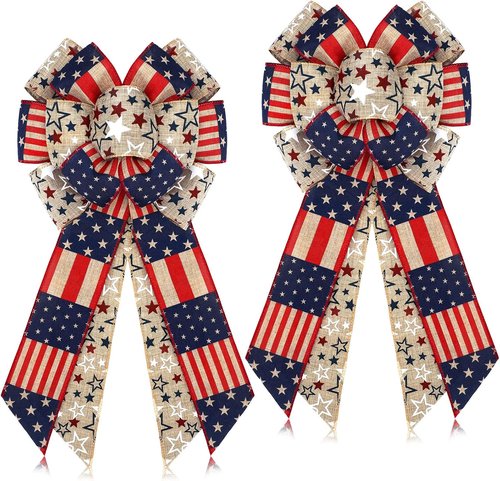 Jutom Patriotic Bow Wreath - Red, White & Blue Star Burlap Bow for 4th of July & Veterans Day Decor