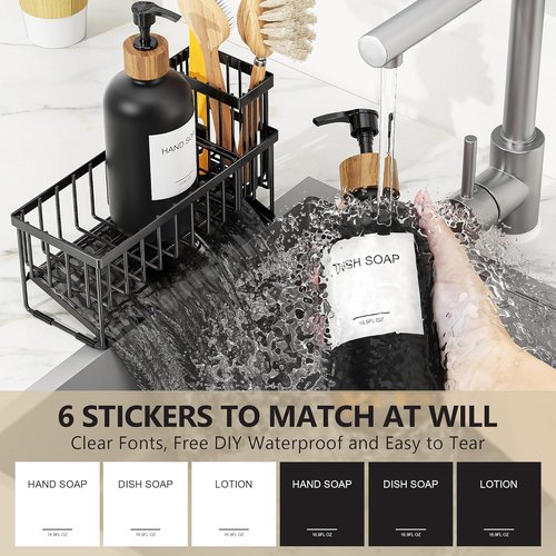 Cisily Dish Soap Dispenser Set - Vintage Black Glass Bottles with Adjustable Sponge Holder | 2 Pack, 16.9oz