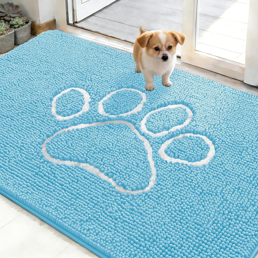 OLANLY Dog Door Mat - Absorbent Non-Slip Mud Mat for Muddy Paws | 48x30 Paw Print Design, Quick Dry Blue