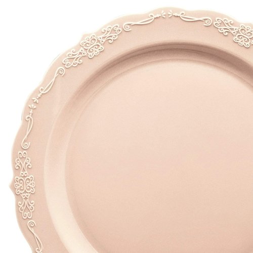 " OCCASIONS " 150 Piece set (25 Guests)-Vintage Wedding Plastic Plates & cutlery -Disposable Dinnerware 10'', 7.5'' + Silverware w/double fork (Verona in Blush/Antique Rose