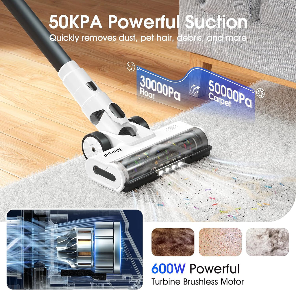 Skiennix Cordless Vacuum Cleaner - 600W, 50KPA Suction, 70-Min Runtime, LED Touch Screen, Lightweight, White