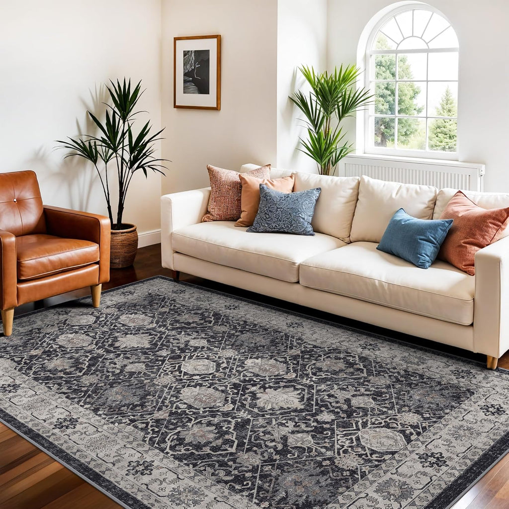 Skiennix 4x6 Living Room Area Rug - Washable Non-Slip Boho Design | Low Pile Neutral Carpet for Kids Room & Office