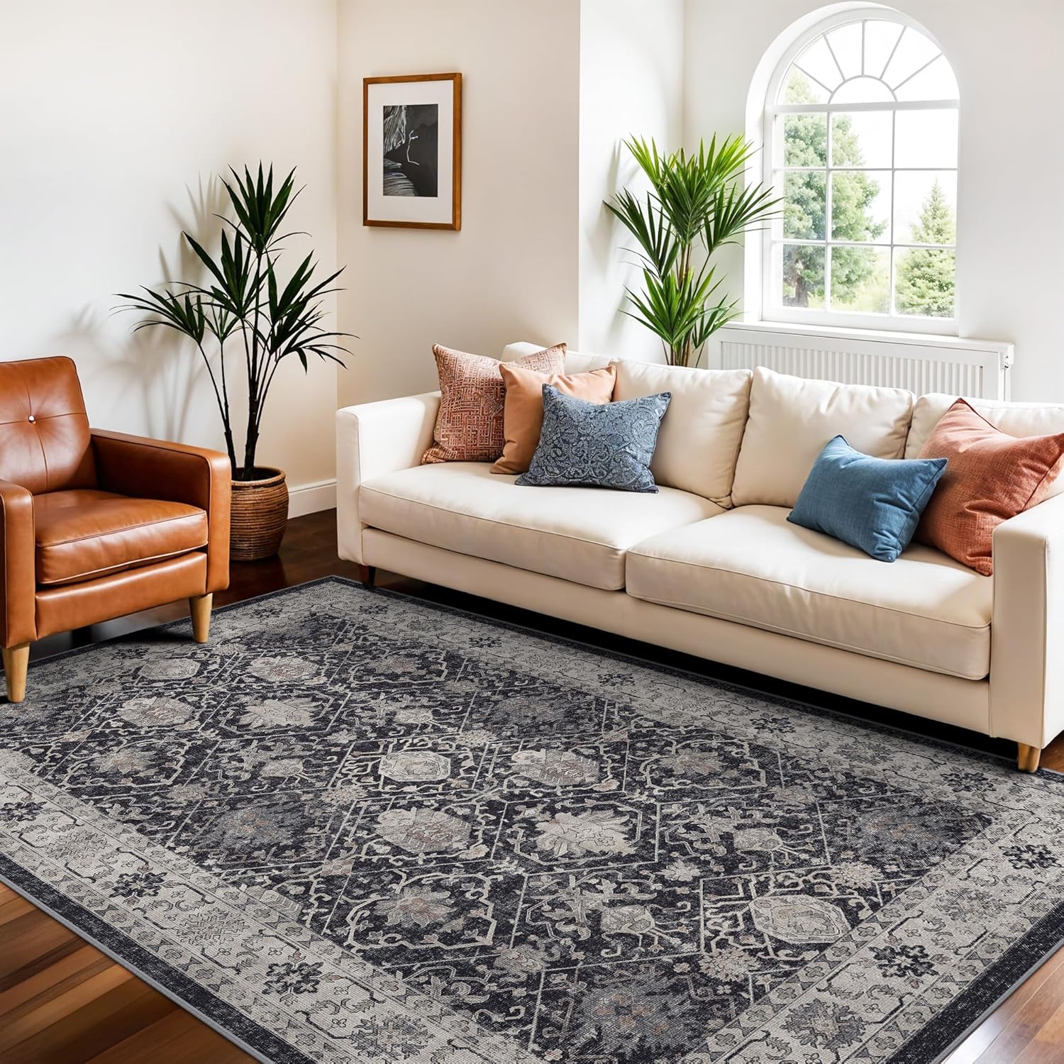 Skiennix 4x6 Living Room Area Rug - Washable Non-Slip Boho Design | Low Pile Neutral Carpet for Kids Room & Office