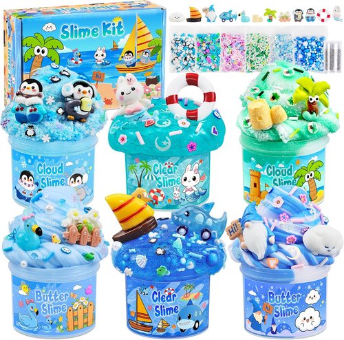 LAWOHO Blue Ocean Slime Kit - 6 Pack Clear Butter Cloud Slime for Kids Ages 8-12 | Perfect Party Favors & Gifts