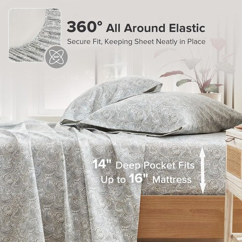 Comfort Spaces King Cotton Sheets - Breathable & Soft All-Season Set | 14" Pocket Fits Up to 16" Mattress, Paisley Multi 4 Piece